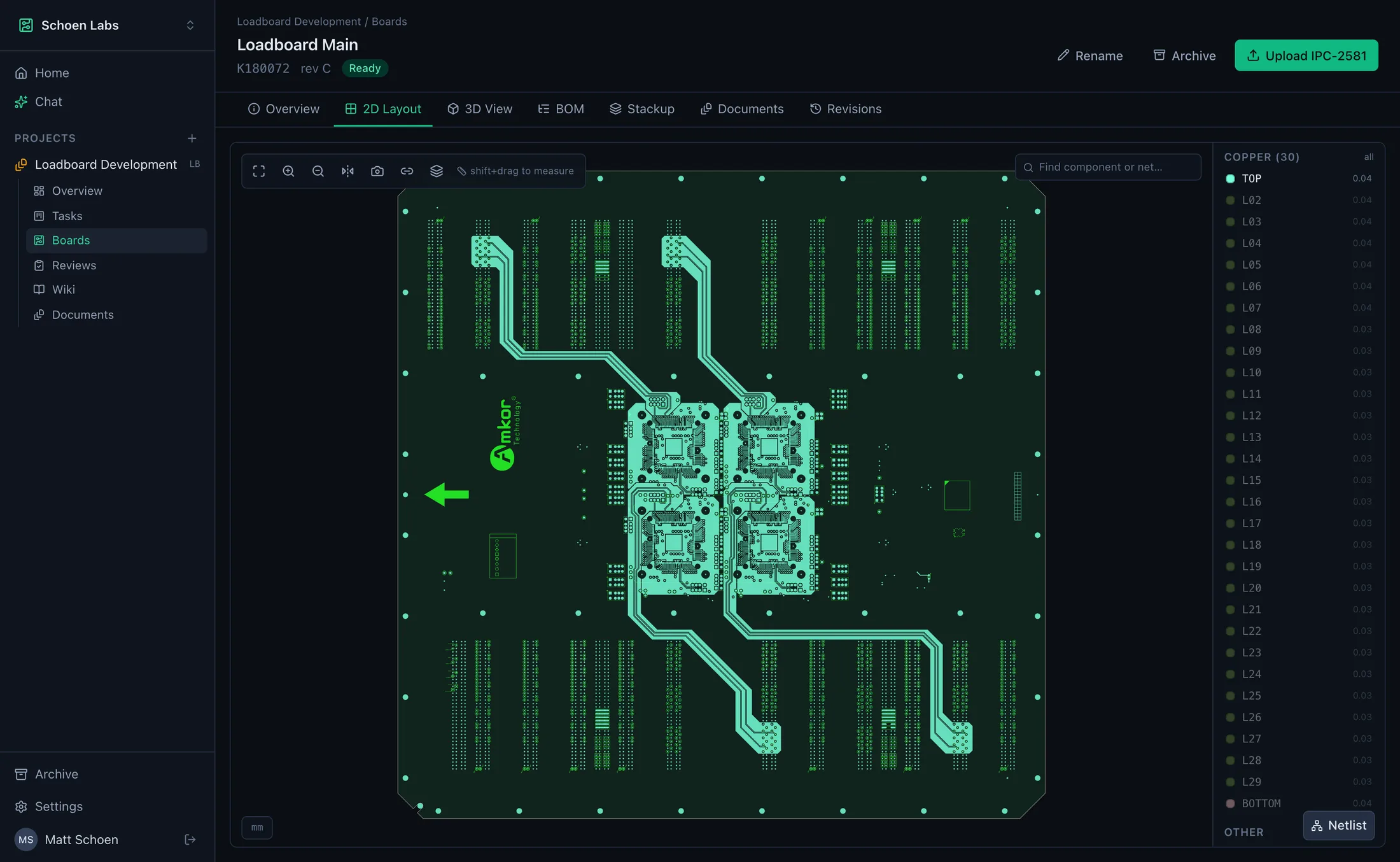 Riparian 2D layout viewer showing a 30-layer board with per-layer copper controls and component search
